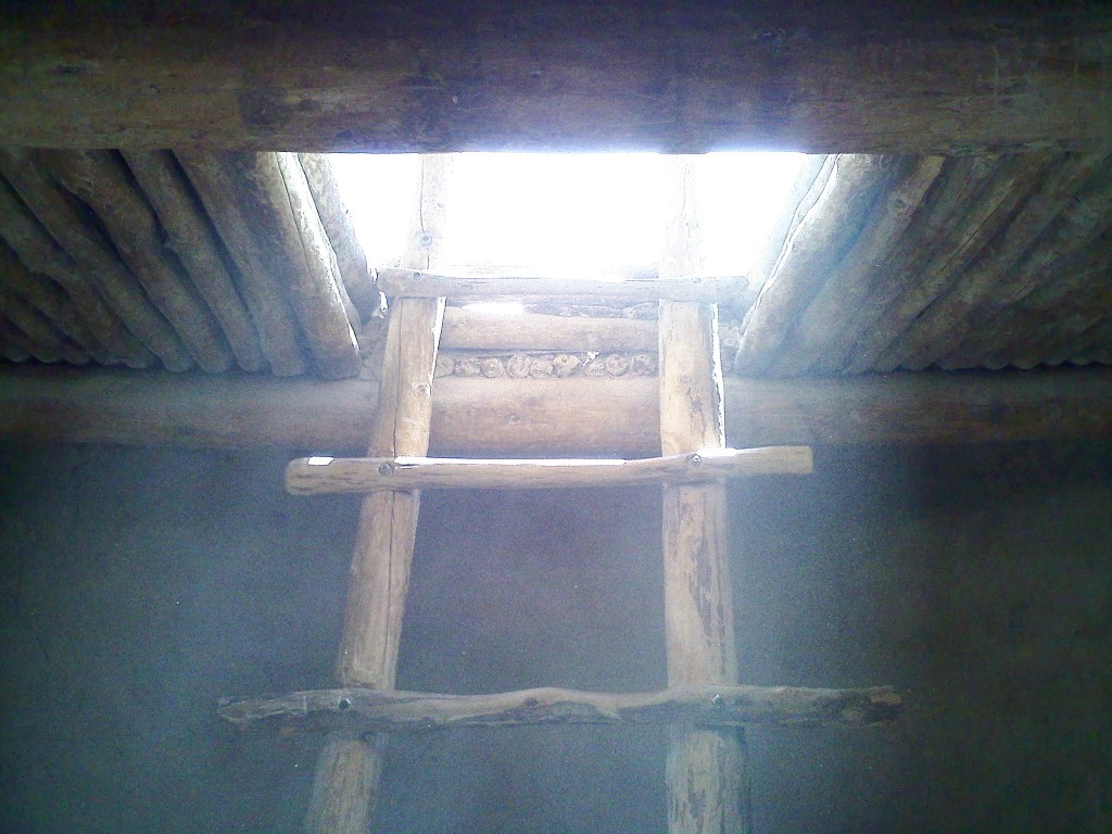 Looking up a ladder with sunlight streaming down. 